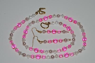 +MBA #B1-044  "Fancy Bright Pink, Clear Glass & Pearl Necklace & Earring Set"