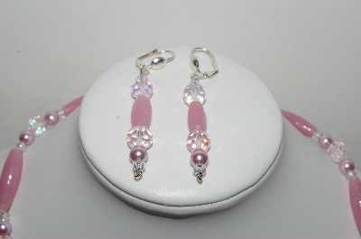 +MBA #B1-04  "Pink Milk Glass, Pink AB Crystal & Pink Pearl Necklace & Earring Set"