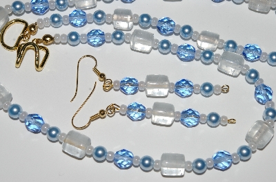 +MBA #B1-099  "Clear Blue Glass Bead & Pearl Necklace & Earring Set"