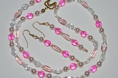 +MBA #B1-050  "Pink , Clear Glass Bead & Pearl Necklace & Earring Set"