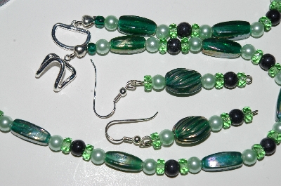 +MBA #B1-093  "Green Glass, Crystal & Glass Pearl Necklace & Earring Set"
