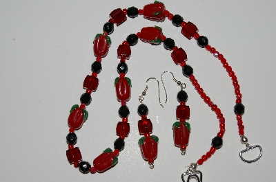 +MBA #B1-024  "Red Glass Pepper Bead Necklace & Earring Set"