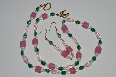 +MBA #B1-056   "Pink, Green Glass & Crystal Bead Necklace & Earring Set"