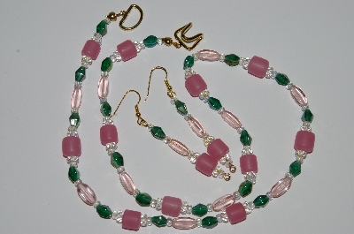 +MBA #B1-056   "Pink, Green Glass & Crystal Bead Necklace & Earring Set"