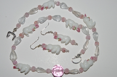 +MBA #B1-059  "White,Clear & Pink Glass Bunny Bead necklace & Earring Set"