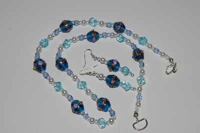 +MBA #B1-019  "Fancy Art Glass Blue Bead & Pearl Necklace & Earring Set"