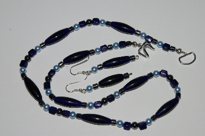 +MBA #B1-069   "Blue Glass, Hemalyke & Pearl Bead Necklace & Earring Set"