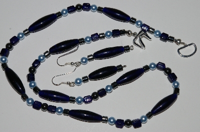 +MBA #B1-069   "Blue Glass, Hemalyke & Pearl Bead Necklace & Earring Set"