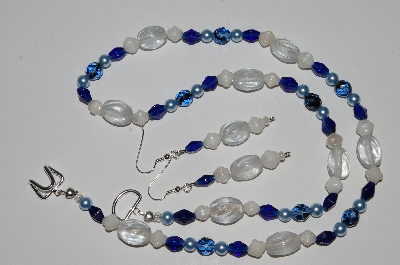 +MBA #B1-087  "Clear, Blue, Cream Glass Bead & Pearl Necklace & Earring Set"