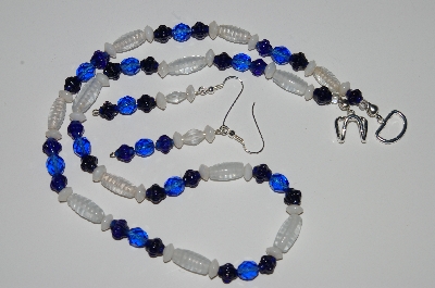 +MBA #B1-084   "Blue, Clear & White Glass Bead Necklace & Earring Set"