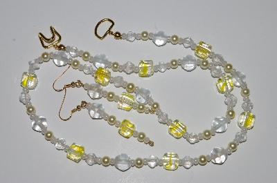 +MBA #B1-075   "Yellow, Clear Glass & Pearl Necklace & Earring Set"
