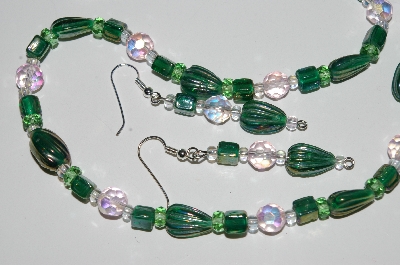 +MBA #B1-090   "Green Glass & Crystal Bead Necklace & Earring Set"
