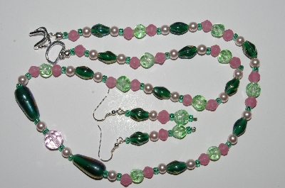 +MBA #B1-072  "Pink, Green Glass Bead & Pearl Necklace & Earring Set"