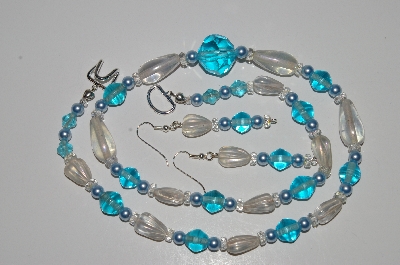 +MBA #B2-087  "Crystal Luster, Blue Bead & Pearl Necklace & Earring Set"