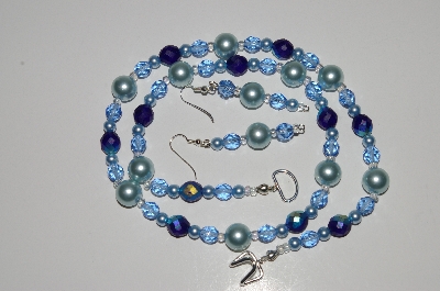 +MBA #B2-084   "Blue Glass Pearl & Crystal Bead Necklace & Earring Set"