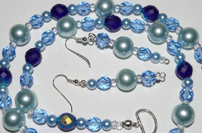 +MBA #B2-084   "Blue Glass Pearl & Crystal Bead Necklace & Earring Set"