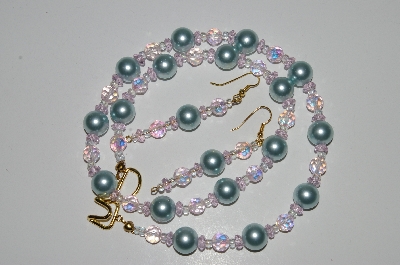 +MBA #B2-081  "Green Glass Pearl & Pink Crystal Necklace & Earring Set"
