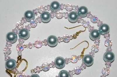 +MBA #B2-081  "Green Glass Pearl & Pink Crystal Necklace & Earring Set"