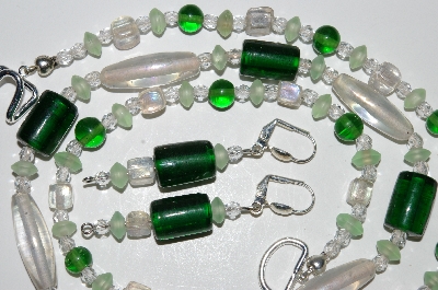 +MBA #B2-078  "Clear,Green Glass Bead & Crystal Necklace & Matching Earring Set"