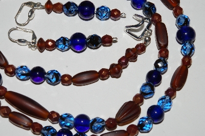 +MBA #B2-072  "Matte Brown, Blue & Copper Colored Glass bead Necklace & Matching Earring Set"