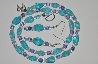 +MBA #B2-060  "Aqua Blue Glass Bead & Crystal Necklace & Earring Set"