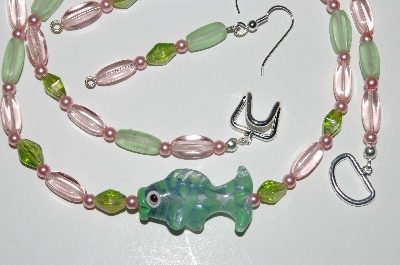 +MBA #B2-066  "Fancy Lamped Worked Glass Fish, Pink & Green Glass Bead Necklace & Earring Set" 