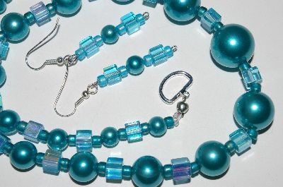 +MBA #B2-057  "Vintage Blue Glass Pearls & Bead Necklace & Earring Set"