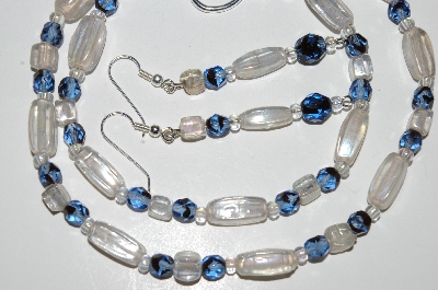 +MBA #B2-054  "Clear Luster & Blue Glass Bead Necklace & Matching Earring Set"