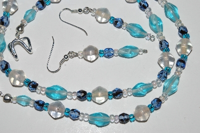 +MBA #B2-051  "Clear, Aqua & Blue Glass Bead Necklace & Matching Earring Set"