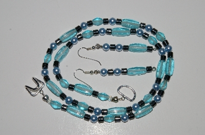 +MBA #B2-063  "Aqua Blue Glass Beads, Pearls & Hemalyke Bead Necklace & Earring Set"