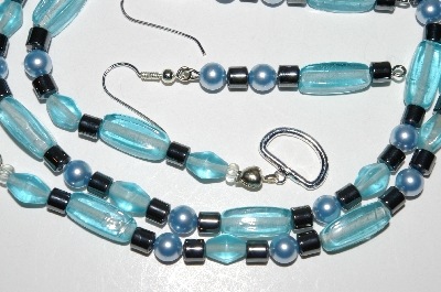 +MBA #B2-063  "Aqua Blue Glass Beads, Pearls & Hemalyke Bead Necklace & Earring Set"