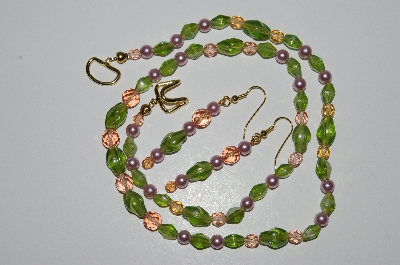 +MBA #B2-048  "Pink Crystal, Pink Pearl & Green Glass Bead Necklace & Earring Set"
