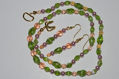 +MBA #B2-048  "Pink Crystal, Pink Pearl & Green Glass Bead Necklace & Earring Set"