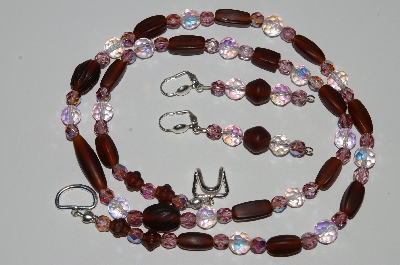 +MBA #B2-045  "Matte Brown Glass beads & Crystal Necklace & Earring Set"