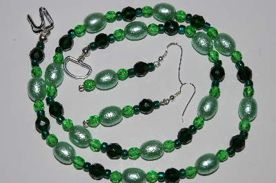 +MBA #B2-015  "Fancy Green Glass Pearl, Bead & Crystal Necklace & Earring Set"