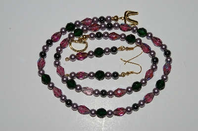 +MBA #B2-018  "Purple Crystal,Green Crystal,Glass Pearl & Hemalyke Bead Necklace & Earring Set"