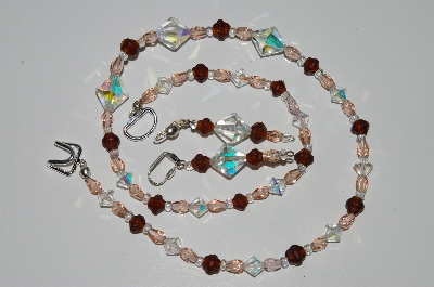 +MBA #B2-003  "Vintage AB Crystal, Pink Crystal & Matte Brown Glass Bead Necklace & Earring Set"