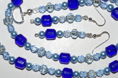 +MBA #B2-012  "Vintage Blue Glass Bead, Crystal & Pearl Necklace & Earring Set"