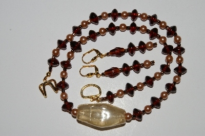 +MBA #B3-058  "Vintage Tan Pearls, Brown Glass & Lamp Worked Bead Necklace & Earring Set"
