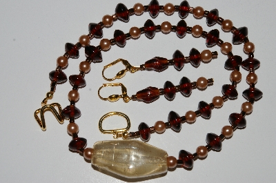 +MBA #B3-058  "Vintage Tan Pearls, Brown Glass & Lamp Worked Bead Necklace & Earring Set"