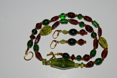 +MBA #B3-052  "Brown & Green Lamp Worked Glass Bead Necklace & Earring Set"