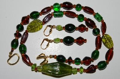 +MBA #B3-052  "Brown & Green Lamp Worked Glass Bead Necklace & Earring Set"
