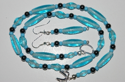 +MBA #B3-049  "Aqua, Turquoise Colored Glass Bead & Hemalyke Necklace & Earring Set"