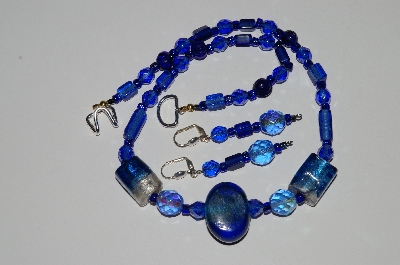 +MBA #B3-034  "Fancy Lamped Worked Glass Blue Bead & Crystal Necklace & Earring Set"