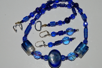 +MBA #B3-034  "Fancy Lamped Worked Glass Blue Bead & Crystal Necklace & Earring Set"