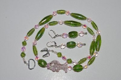 +MBA #B3-031  "Green Luster Glass, Pink Crystal "Fish" Necklace & Earring Set"