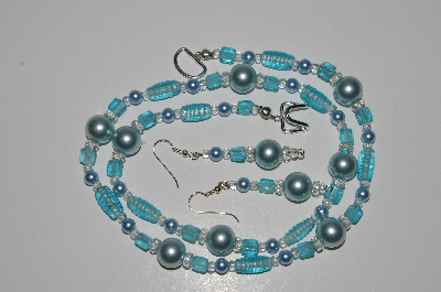 +MBA #B3-082   "Aqua Blue Glass Bead,Clear Crystal & Blue Pearl Necklace & Earring Set"