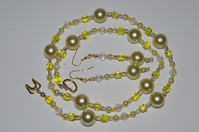 +MBA #B3-085  "Yellow Glass Bead,Crystal & Pearl Necklace & Earring Set"