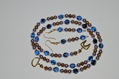 +MBA #B3-079  "Fancy Blue Glass,Lavender Glass pearl & Gold Plated Rose Bead Necklace & Earring Set"