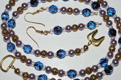 +MBA #B3-079  "Fancy Blue Glass,Lavender Glass pearl & Gold Plated Rose Bead Necklace & Earring Set"